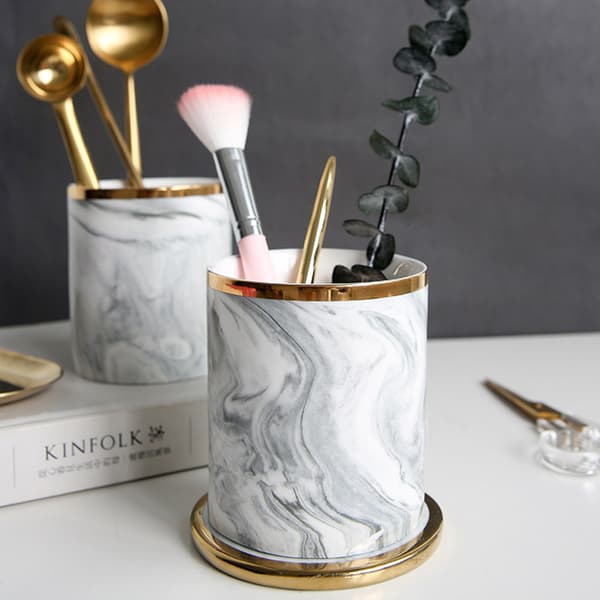 Nordic Desktop Marble Storage Container Ceramic Cosmetic Brush Pen Holder Cutlery Storage Holder Home Office Kitchen