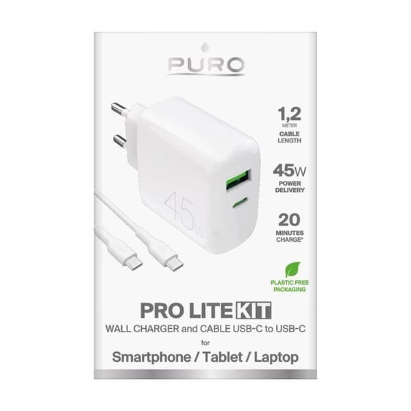 45W USB-C/USB-A PD vægoplader med USB-C-kabel - Hvid
