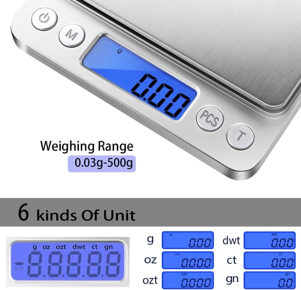 Digital gram scale with 0.1 gram accuracy, 500-gram small jewelry scale.
