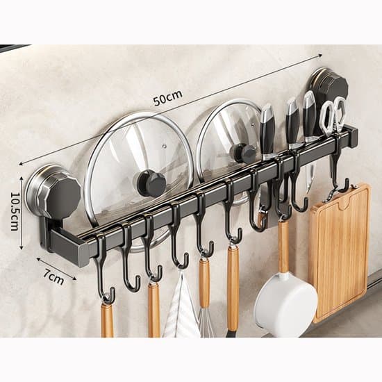 Kitchen Rack with Suction Cups, Drill-Free Wall Shelf, Removable Storage Hanger with 10 Hooks, 50*10.5*7 cm, for Kitchen, Bathroom, Bedroom - Grey