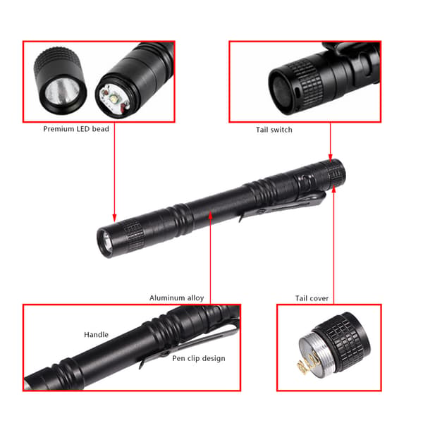 Mini Portable LED Pen Clip Flashlight High Brightness Torch Battery Powered
