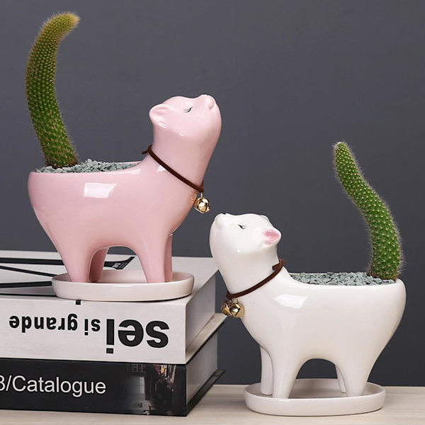 Kitten Keramik Succulent Krukor med Dräneringshål Mini Krukor för Växter Kaktus Växter Behållare för Hem och Kontor Dekoration