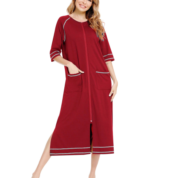 Half Sleeve Nightgown Stylish Pregnant Woman Loose Casual Pocket Zipper Front Nightshirt Sleepwear Burgundy XL