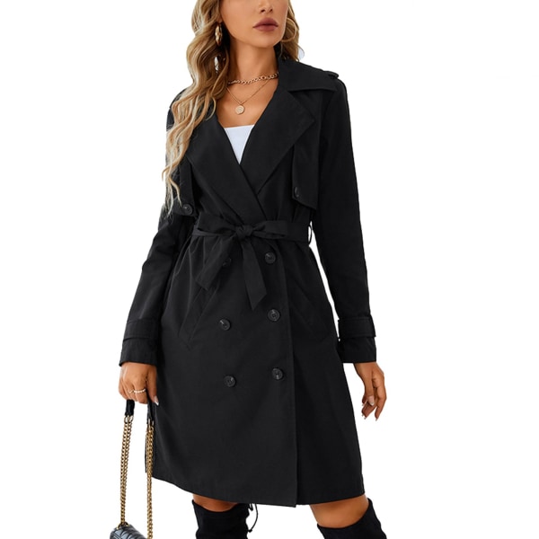 Women Lapel Jacket Double Breasted Button Cuffs Long Sleeves Belted Waist Mid Length Modern Wind Coat for Autumn Black M