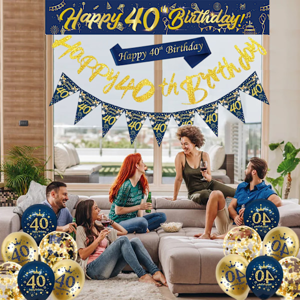 40-års Dekorationer för Män, 1 Set Blå Guld Glad 40-årsdag Banner, 40-årsdag Ballonger, Flaggor, Sash, Tårta Toppers för Män 40-årsdag