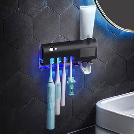 Wall Mounted UV Toothbrush Holder, Toothpaste Dispenser and Storage Rack, UV Toothbrush Sterilizer for Bathroom (Black)