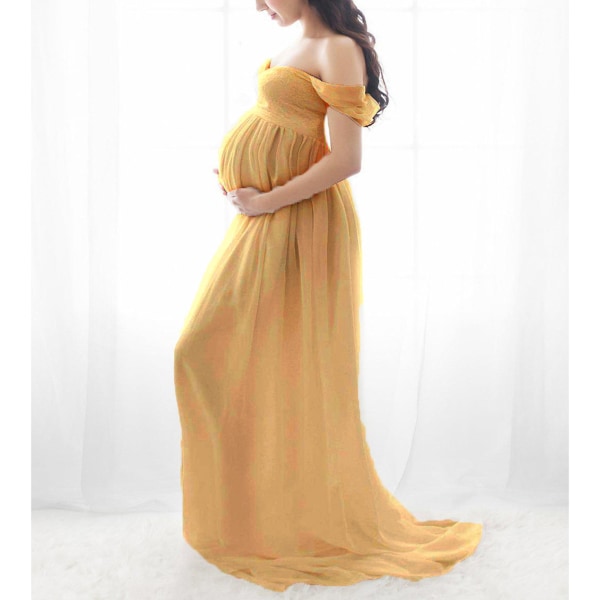 Maternity lång klänning off shoulder elegant stilren lös fåll gravid kvinna klänning för brudbutik fotografering ingefära L