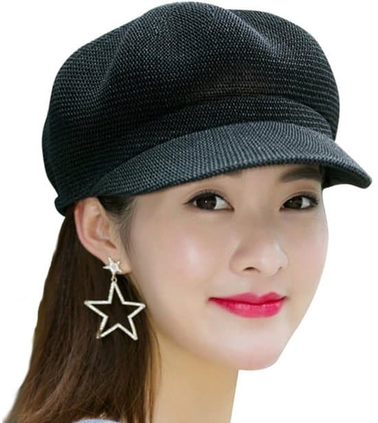 Women's Summer Breathable Mesh Cap/Beret, Octagonal Design, Sun Hat, Beach Hat - Black