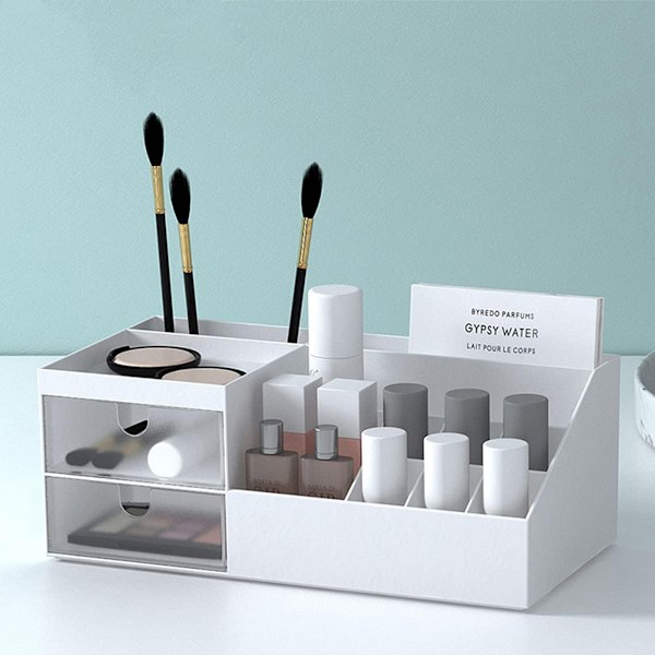 Makeup Organizer til Kommode med 2 Opbevarings Skuffer, Soveværelse Skrivebord Organisation, Klar Skuffe Organizer til Kosmetik
