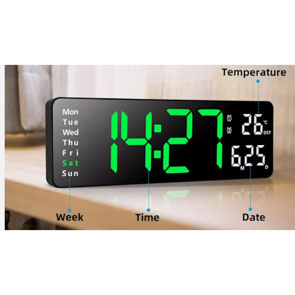 13\" Stor Digital Väggklocka med Fjärrkontroll, Stor Display LED Väggklocka Timer