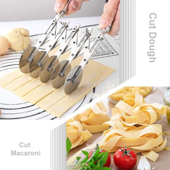 Dough Cutter with Five Wheels - Adjustable Pasta and Spaghetti Cutter - Multifunctional Pizza Cutter with Handle - Silver - 26.6 × 5 × 5 cm