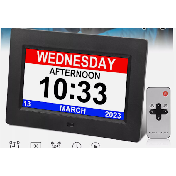 Digital vækkeur med dato og kalender til hukommelsestab, demens, ældre påmindelse