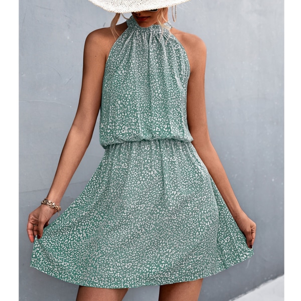 Halter Neck Tie Back Short Dress Women Summer Elegant Elastic Waist Floral Print Dress for Dating Green XL