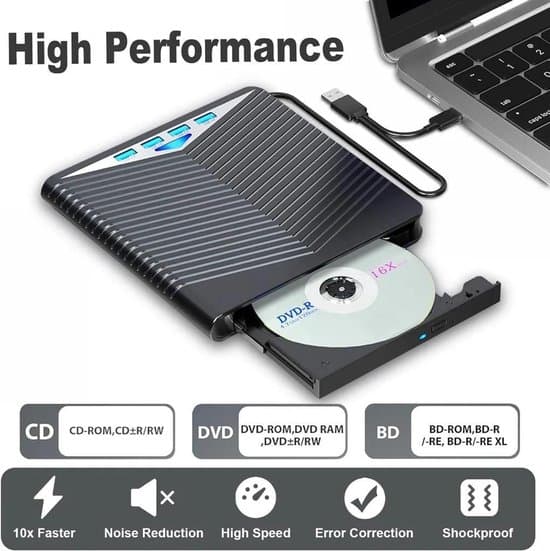 Ekstern optisk stasjon, DVD/Blu-ray-spiller, lese-/skrivefunksjon, bærbar UHD DVD-opptaker