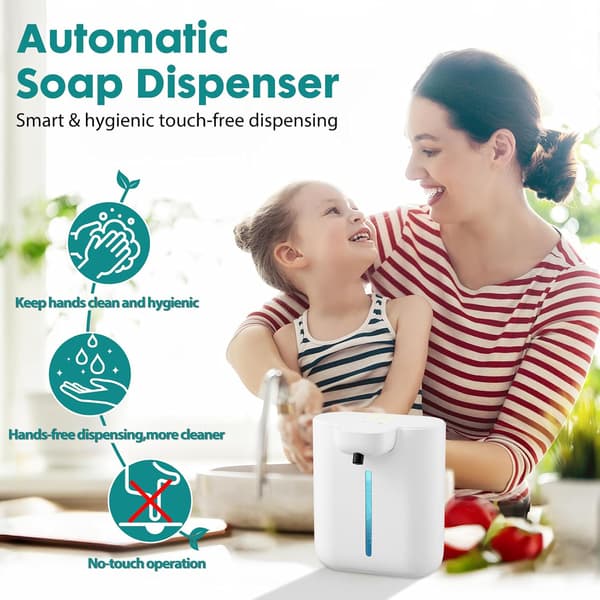 Automatic Soap Dispenser (17 oz / 500 ml Large Capacity Foam Dispenser, 4 Settings, Rechargeable, Wall or Countertop)