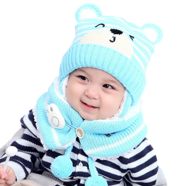 Barn Vinter Warm Hat Baby Earflap Beanie Hat med Scarf Cut Baby Infant Stickat Hat