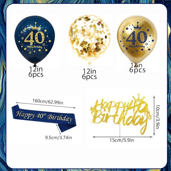 40-års Dekorationer för Män, 1 Set Blå Guld Glad 40-årsdag Banner, 40-årsdag Ballonger, Flaggor, Sash, Tårta Toppers för Män 40-årsdag