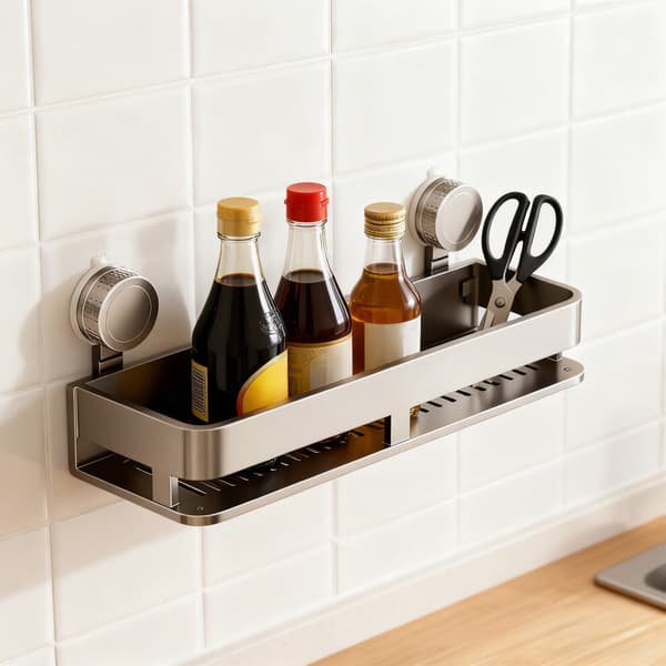 Wall-mounted shelf with suction cup (40cm) - a multifunctional stainless steel shelf suitable for bathroom/kitchen, and removable.