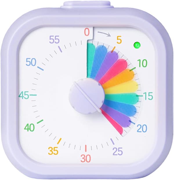 Visuel timer til børn, 60-minutters nedtællingstimer, regnbuefirkantet bordtimer til klasseværelse, studie, kontor, køkken, lydløs (lilla)