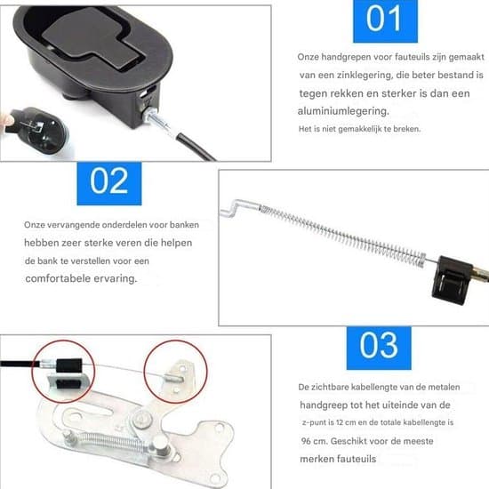 Universal Recliner Cable - Aluminum Cable with Handle 96cm Black - Replacement for Recliner - 1 Piece - Home Use Black