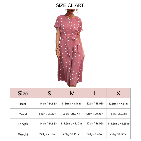 Naisten Pistekuvioinen Lyhythihainen Vyötäröllä Varustettu Pyöreäkauluksinen Etupainikkeellinen Kesämekko Vaaleanpunainen S
