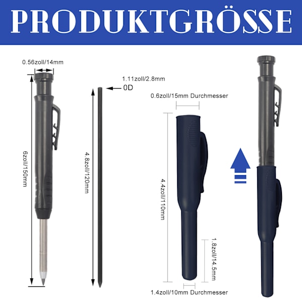 Mechanische Zimmermannsbleistifte mit 6 Minen, Tieflochmarker set 6 Minen + Spitzer + Schreibgriff, Professional Tiefochmarker inkl, Baustelle,