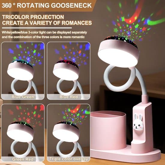 Children's Table Lamp, LED Bedside Lamp with Pen Holder and Star Projection