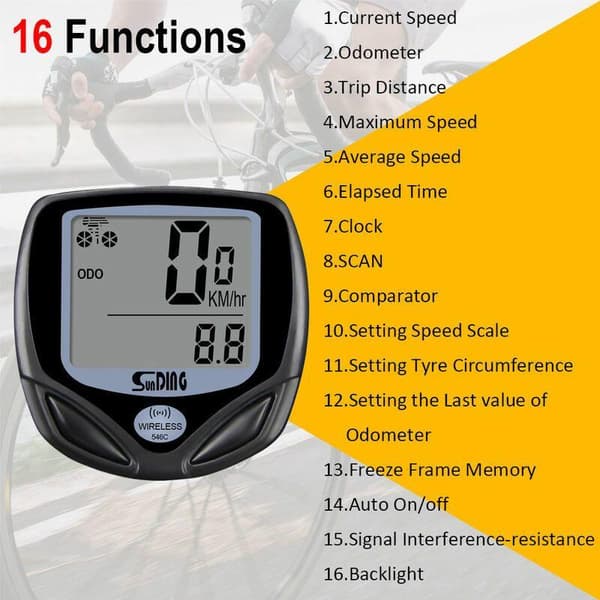 Trådløs cykelcomputer, vandtæt cykelcomputer med baggrundsbelyst LCD-display, speedometer, kilometertæller og stopur -