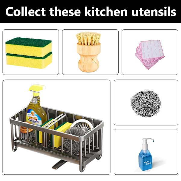 Svampeholder til kjøkkenvask, kjøkkenvask Caddy, Rustfri 304 Rustfritt Stål Oppvask Svampe Organizer med Skillevegg