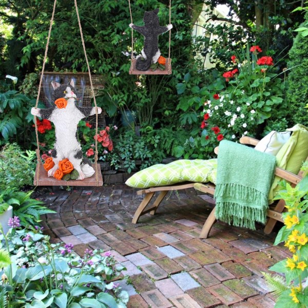 Söt harts Djurstaty Trädhängande dekor utomhusprydnad för Park Garden YardCat med gunga