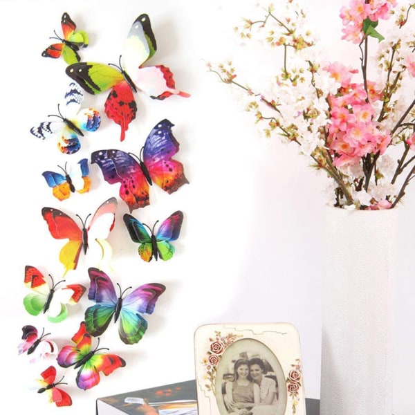 12st flerfärgad dubbellager 3D-fjäril väggdekalmagnet PVC-fjärilar Kylskåp för barn, inredning