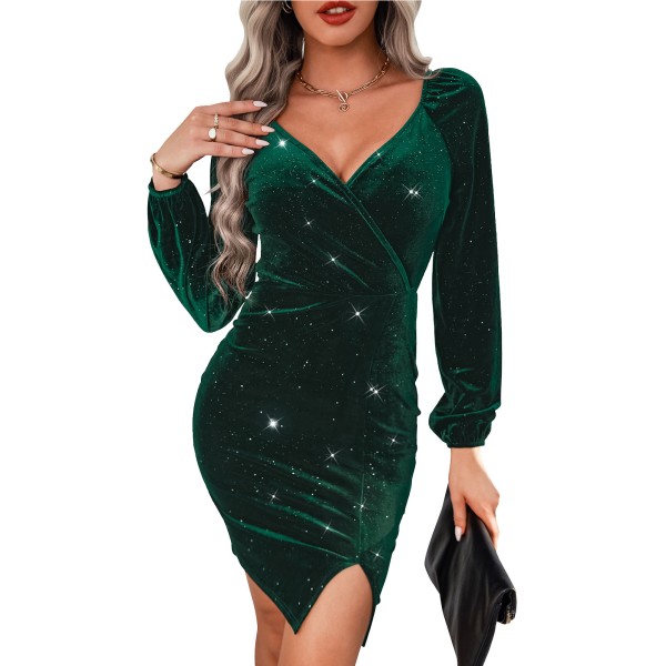 Women Wrap V Neck Long Sleeve Velvet Dress Split Hem Glitter Fashion Elegant for Party Club Holiday Dark Green L