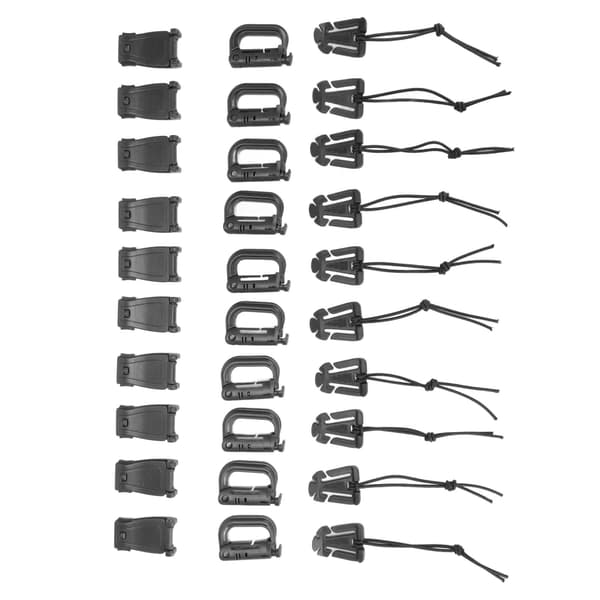 30-pack ryggsäcksremklämmor med D-ring, låsspännen och elastiskt sladdhanteringsset, svart