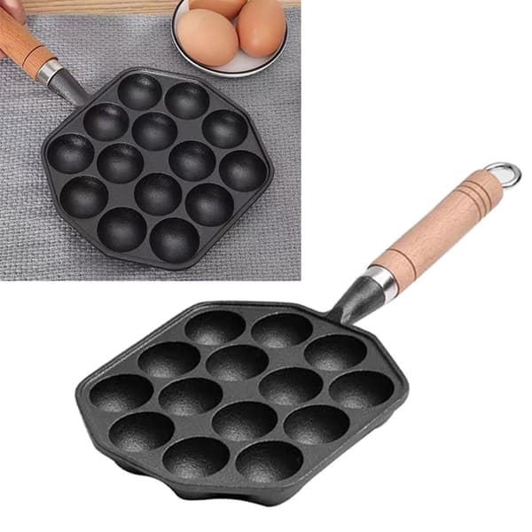 Nonstick Cast Iron Takoyaki Pan with 14 Holes for Octopus Balls with Detachable Handle for Home Baking