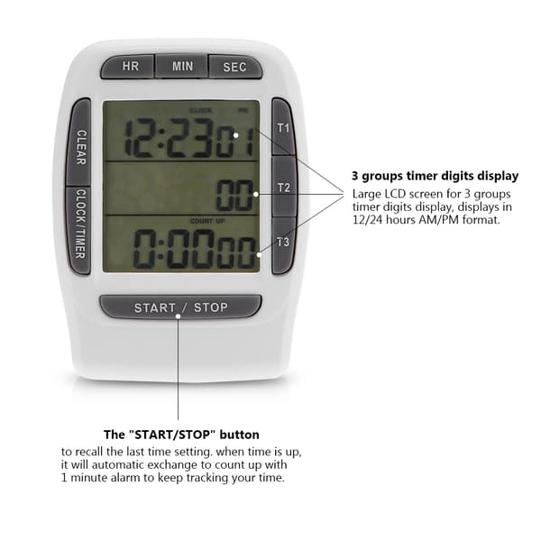 Portable Digital Multi-Channel 3 Channel LCD Timer Accurate Timing Countdown Clock