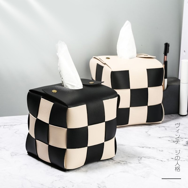 Vævæskeskrin Cover, Kvadratisk Vævæskeskrin Holder, Moderne PU Læder Vævet, Stilfuld Ternet Design til Stue, Dekorativ Hylde