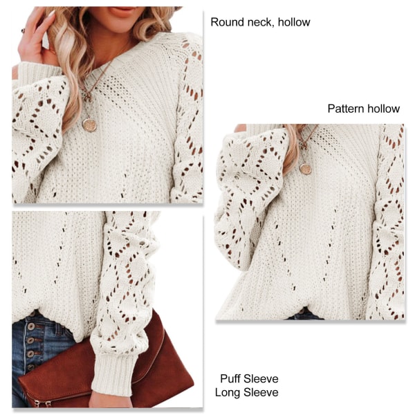 Dam Crewneck Hollow Knit Sweater Snygg Elegant Pure Color Lång Puffärm Virkad Pullover Sweater Vit XL