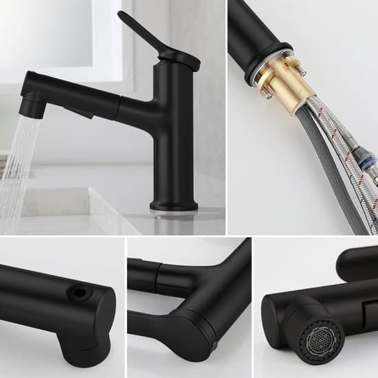 Pull-out sink mixer - High-pressure jet - Single-lever mixer for bathroom and washbasin (black)