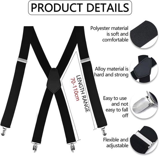 Herr X-formad bred retro hängselrem med robusta klämmor - Svart, storlek L