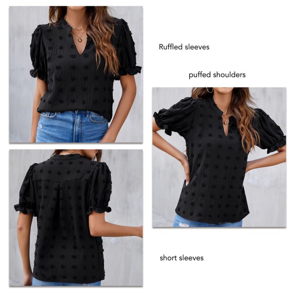 Kvinders Chiffon Bluser Casual Sommer Toppe Puff Kortærmet V-hals Swiss Dot Pom Pom Bluser til Arbejde Rejse Fest Sort XXL