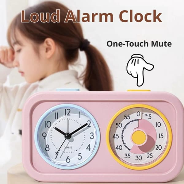 Child-Friendly Visual Timer with Clock Function - 60-Minute Countdown Timer with Dual Displays, Alarm, and Night Light, for Homework, Screen Time
