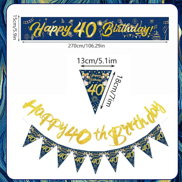 40-års Dekorationer för Män, 1 Set Blå Guld Glad 40-årsdag Banner, 40-årsdag Ballonger, Flaggor, Sash, Tårta Toppers för Män 40-årsdag