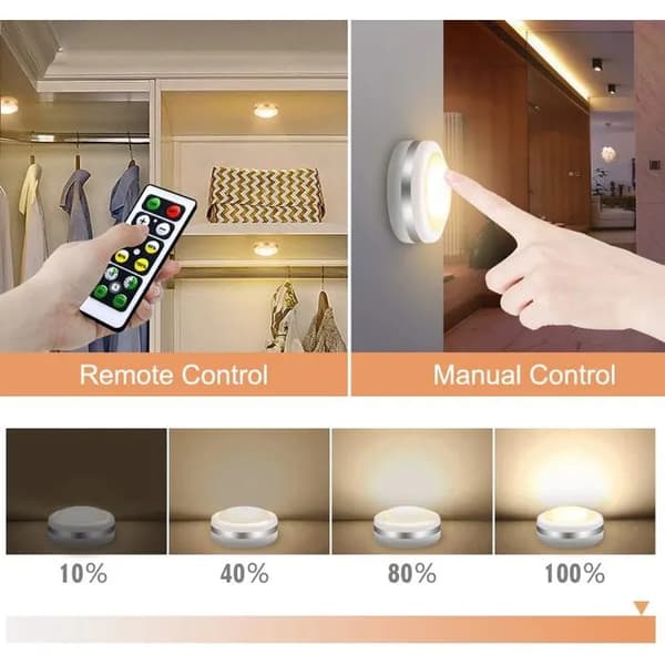 Three LED Wardrobe Spotlights - Wireless Wall Lights - AA Battery Powered - 3000K Color Temperature - 8cm Dia - with White Remote Control and Timer