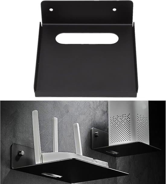 Black Compact L-shaped Projector Wall Shelf 11x12 cm, with Cable Cutout and Raised Edges, for Mini Projectors and Multimedia