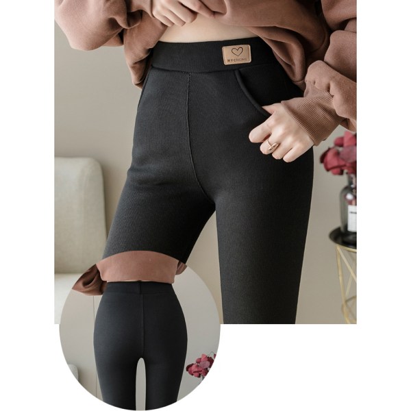Dam fleecefodrade leggings med hög midja, stretchiga tjocka leggings med fickor, vintertermiska varma yogabyxor, vandringsbyxor