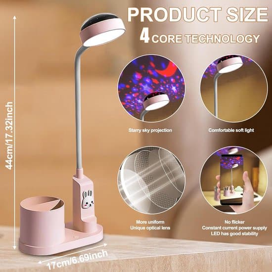 Children's Table Lamp, LED Bedside Lamp with Pen Holder and Star Projection