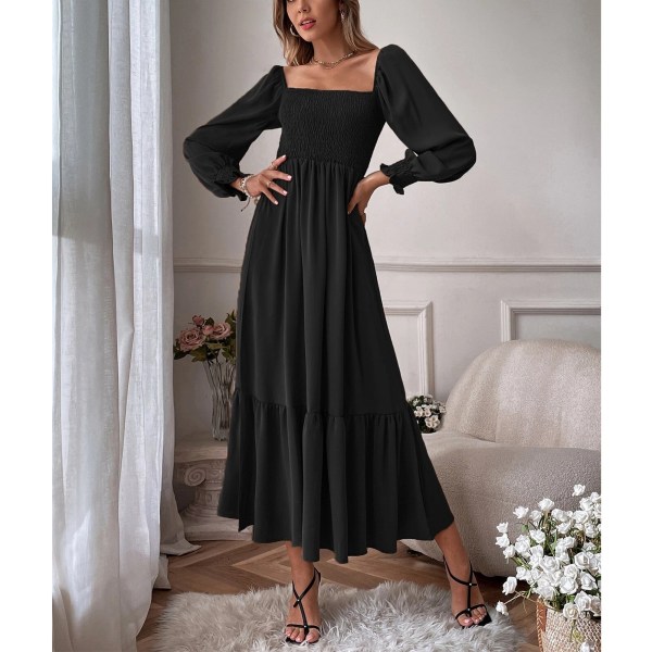 Women Maxi Dress Square Neck Stretch Bust Long Lantern Sleeves Ruffle Hem Open Back High Waist Temperament Maxi Dress Black S