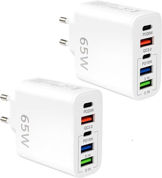 65W USB-C Multi-lader (2 stk, 5 porter), PD & QC 3.0, Egnet for iPhone 16 15 14 13 12 Pro Max, Egnet for Xiaomi, Huawei, iPad