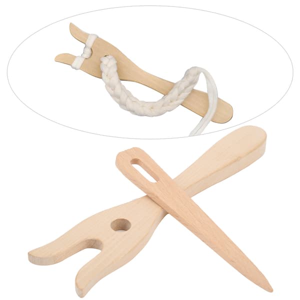2 Pcs Beech Wood Knitting Fork Set with Small Eye Needle, Multifunctional DIY Craft Tools