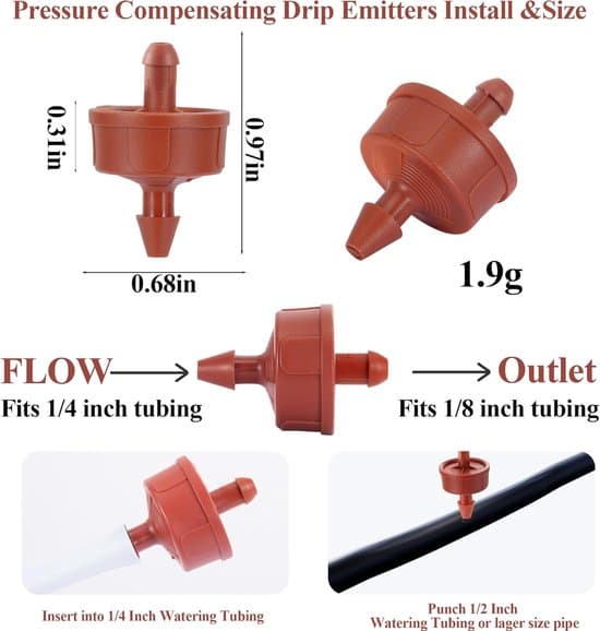 60 droppers, 8 liters/hour, pressure compensated - Complete accessories for drip irrigation systems for potted plants and gardens.